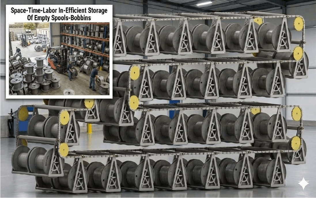 Vertical Carousels For Space-Time-Labor-Damage Efficient Vertical Storage Of Empty Spools-Bobbins In Insulated Power-Telecom-Optic Fiber Cables-Wires Manufacturing Plants